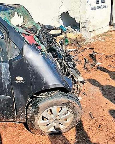 The car rammed into the public toilet