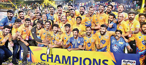 Chennai Spartans with the PVL trophy in Chennai on Friday, after beating Calicut Heroes | d sampathkumar