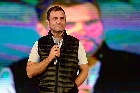 Congress President Rahul Gandhi at the conversation with students at Jawaharlal Nehru Indoor stadium. (Photo| EPS)