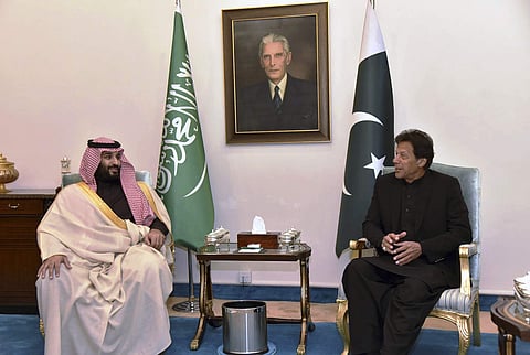 In this photo released by the Press Information Department, visiting Saudi Arabia's Crown Prince Mohammed bin Salman, left, listens to Pakistani Prime Minister Imran Khan during a meeting in Islamabad, Pakistan, Sunday, Feb. 17, 2019. | AP