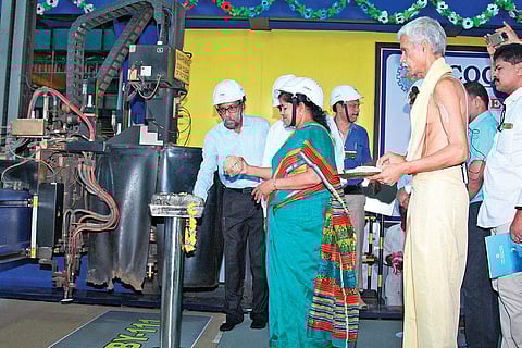 Minister J Mercykutty Amma performing the steel cutting ceremony for the construction of three marine ambulances at Cochin Shipyard on Monday
