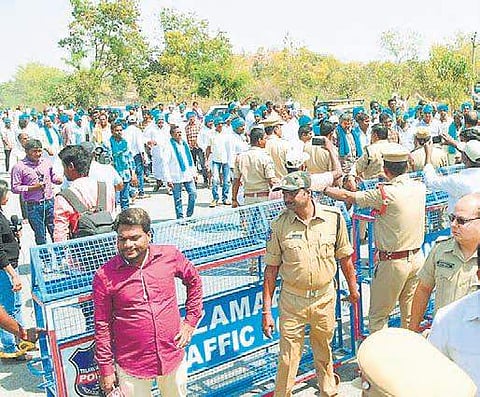 Police personnel foil the padayatra programme on Tuesday at various spots on the National Highway 44, in Nizamabad on Tuesday | Express