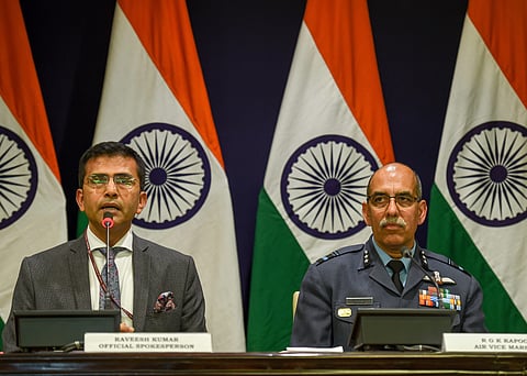 MEA spokesperson Raveesh Kumar and Air Vice Marshal RGK Kapoor at a media briefing in New Delhi Wednesday Feb 27 2019. | PTI