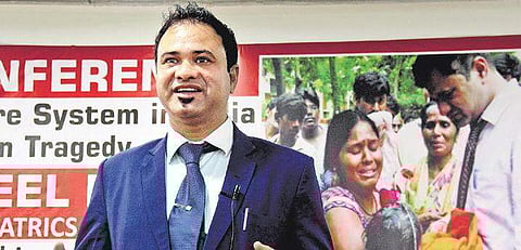 Dr Kafeel Khan, who was suspended and arrested following deaths of infants at BRD Medical College in August 2017, speaks at a press conference in Hyderabad on Thursday. | Express