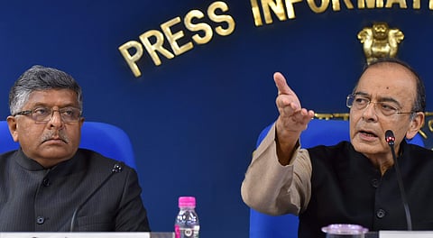 New Delhi Finance Minister Arun Jaitley and Law Minister Ravi Shankar Prasad during a press meet to brief the media following a cabinet meeting in New Delhi Thursday Feb. 28 2019. (Photo | PTI)