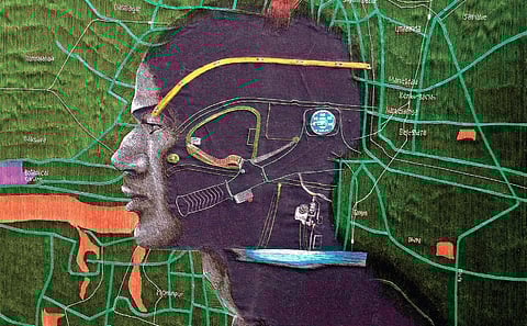 Bapi’s work titled, ‘Missing Route 1’, hand stitch on cloth