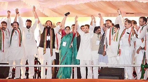 Rahul Gandhi, AICC president at the public meeting, held in Hyderabad on saturday | R Satish Babu