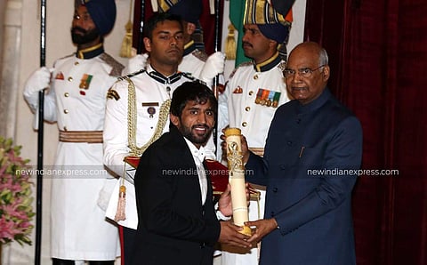 President Ram Nath Kovind awards the Padma Shri to Bajrang Punia, Asian Game medallist in wrestling, in New Delhi on 11 March 2019. (Photo | Shekhar Yadav, EPS)