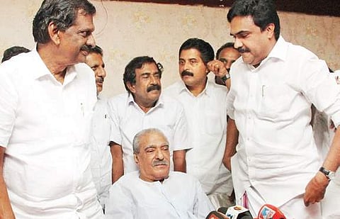 PJ Joseph, KM Mani and Jose K Mani after party’s steering committee meeting.