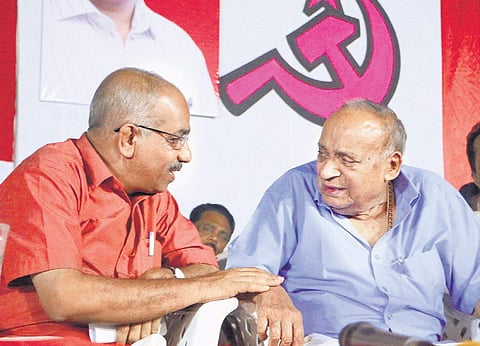 LDF Kozhikode constituency candidate A Pradeepkumar MLA and M P Veerendra Kumar MP during the LDFs election convention in Kozhikode on Monday. (Photo | TP Sooraj, EPS)