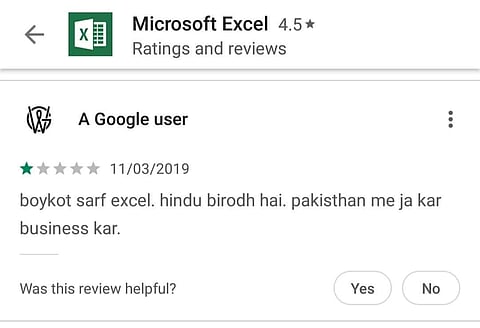Netizens angry over Surf Excel's new ad are fropping hate reviews on Microsoft Excel's app. (Screengrab)