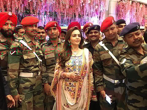 Nita Ambani with armed forces to celebrate her son Akash's wedding to Shloka Mehta. (Photo | Twitter)