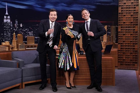 Lilly Singh with Jimmy Fallon and Seth Meyers on the 'Tonight Show'. (Photo | Twitter @IISuperwomanII)