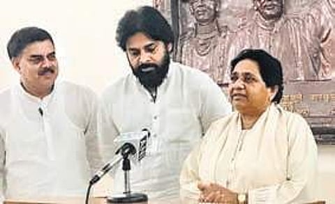 Pawan Kalyan and BSP chief Mayawati in Lucknow on Friday I Express