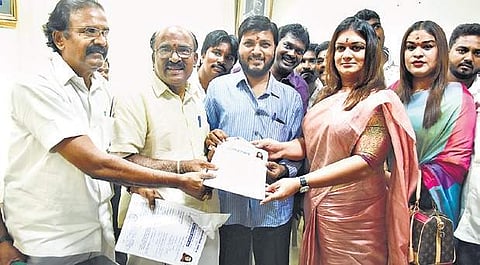 Apsara Reddy filing her application for contesting LS election at Sathya-moorthi Bhavan in Chennai on Saturday. (Photo | Ashwin Prasath, EPS)