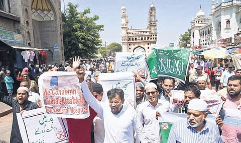 DJS activists taking out a rally in Charminar on Sunday condemning the terror attack at New Zealand mosque | R Satish Babu