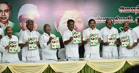 Chief minister Edappadi Palanisamy and Deputy Chief Minister O Panneerselvam interact with media after releasing the manifesto for the Lok Sabha elections at AIADMK headquarters on Tuesday in Chennai. (Photo | P Jawahar, EPS)