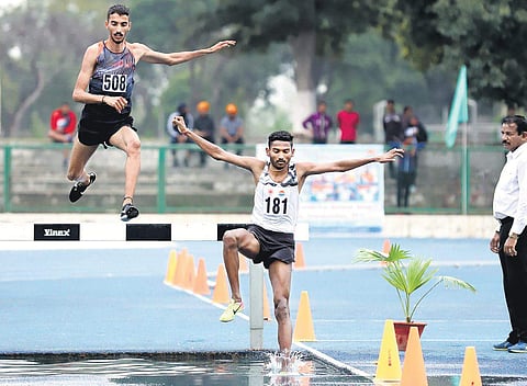Avinash Sable (R) in action on Monday