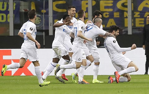 Inter Milan's Andrea Ranocchia, right, celebrates after scoring a goal. (Photo | AP)