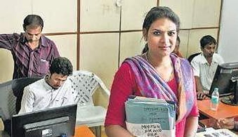 Parichaya on the first day at work at Vidhana Soudha on Friday. (Vinod Kumar T | EPS)