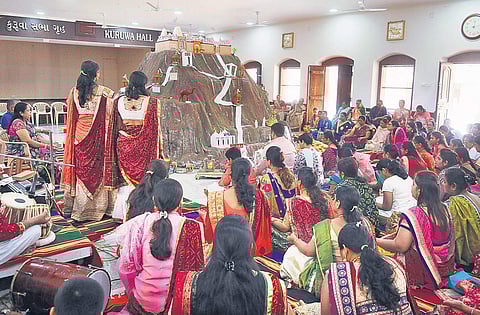 The replica of the Palitana temples in Gujarat,which is a major Jain pilgrimage centre, was created at the Kuruwa Hall of the Jain Temple in Mattanchery as part of the Fagun Sudh Teras A Sanesh