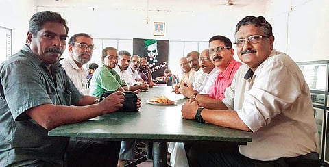 LDF candidate K P Satheesh Chandran’s classmates from 1978 batch get together to give a boost to his campaign, at Nehru Arts and Science College, Kanhangad