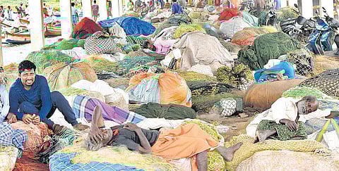'Fishermen resting at Vizhinjam harbour due to reduced fish landing Vincent Pulickal