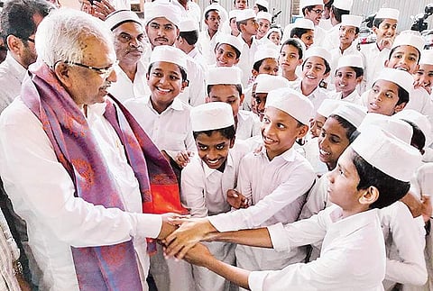 LDF candidate P Jayarajan interacting with students during his election campaign at Khalfa Quran Study Centre at Koyilandy | EXPRESs