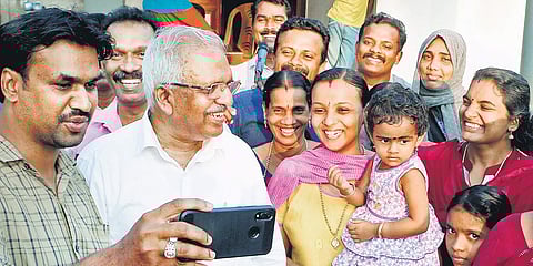 P Jayarajan, LDF candidate in the Vadakara Lok Sabha seat, hits the campaign trail at Kappad in Kozhikode on Wednesday | T P Sooraj