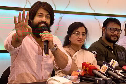 Actress-turned-politician Sumalatha Ambarish announces her candidature from Mandya in the upcoming Lok Sabha elections at a press conference in Bengaluru on Monday. Actor Yash, Darshan and other prominent members from Kannada film fraternity are seen too.