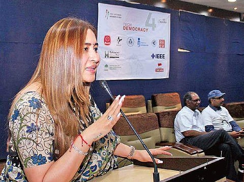 Badminton player Jwala Gutta at the seminar—Tech Democracy— organised by Free Software Movement of India, in Hyderabad on Saturday. (Photo | Sathya Keerthi, EPS)