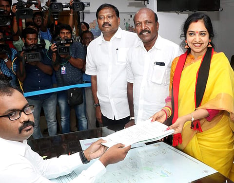 DMK candidate for Chennai South Tamilachi Thangapandian filed her nomination on Friday