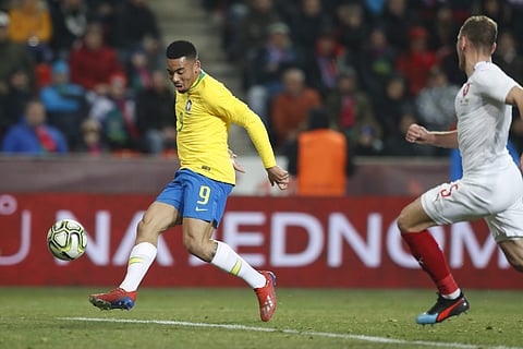 Brazil's Gabriel Jesus, left, shoots to score his side's second goal during the international friendly soccer match between the Czech Republic and Brazil at the Sinobo stadium in Prague, Czech Republic. (Photo | AP)