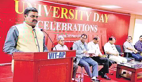 Dr BR Ambedkar University V-C K Ramji addressing the audience at VIT-AP University Day celebrations held in Amaravati on Tuesday | EXPRESS