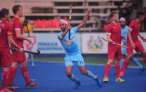 Mandeep Singh celebrates a goal. (Photo | Twitter/@TheHockeyIndia)
