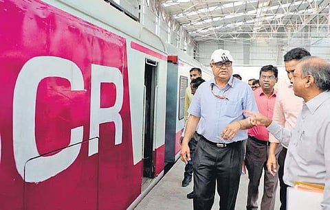 South Central Railway General Manager Gajanan Mallya inspecting new MMTS rakes at EMU Car Shed at Moula Ali in Hyderabad on Wednesday | Express