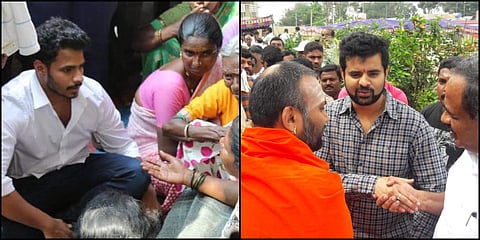 Former PM Deve Gowda's grandsons (L-R) Nikhil Gowda and Prajwal Revanna. (Photos | Facebook)