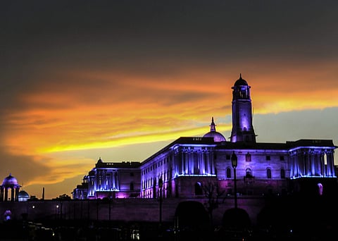 A view of the North Block following light rain in New Delhi. (Photo | PTI)
