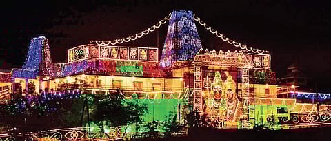 The brightly illuminated Ramalingeswara Swamy temple at Yanamalakuduru in Vijayawada I Express