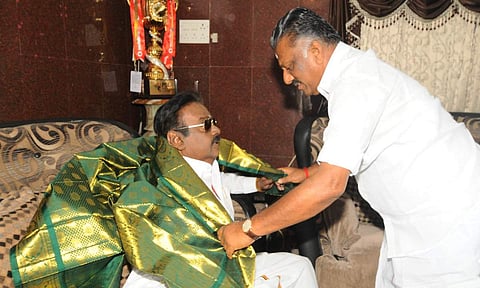 AIADMK coordinator O Panneerselvam called on DMDK chief Vijayakanth at his residence. (Photo: Vijayakant / Twitter)