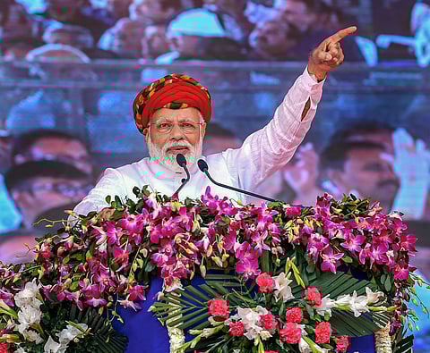 Prime Minister Narendra Modi speaks at the inauguration of the various development projects in Jamnagar Gujarat Monday March 4 2019. | PTI