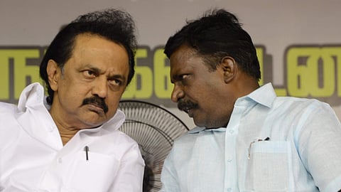 Tamil Nadu Chief Minister MK Stalin (L) and VCK chief Thirumavalavan.