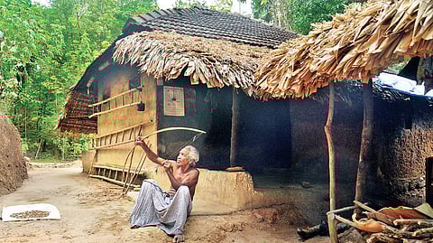 Madhavan Kaani, aged 70 with his bow used to scare animals (Photo | EPS)