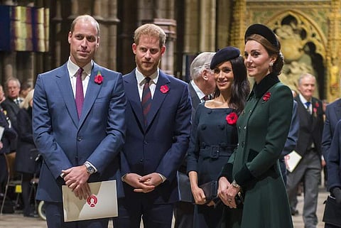 (L-R) Britain's Prince William, Duke of Cambridge, Prince Harry, Duke of Sussex, Meghan, Duchess of Sussex and Catherine, Duchess of Cambridge. (Photo | AFP)