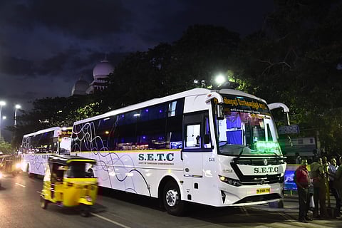 An AC bus seen stationed at Gandhi Irvin road near Chennai Egmore railway station (File Photo | EPS)