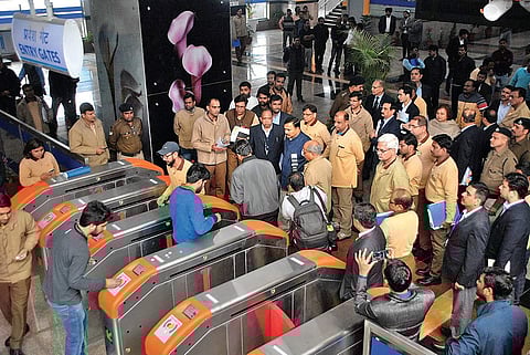 Senior officials during the inspection of the Blue Line’s extended metro corridor on Monday | express