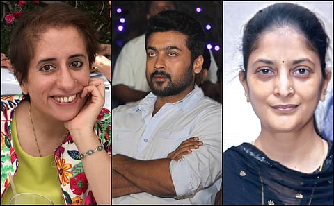 L-R: Producer Guneet Monga, Actor Suriya and director Sudha Kongara.