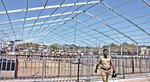 Security personnel at work on Nutan Vidyalaya Grounds in Kalaburagi on Tuesday for Prime Minister Narendra Modi’s rally