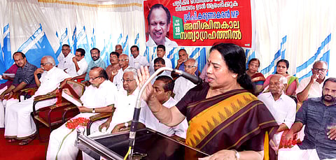 PK Sreemathi will contest once again from Kannur while P Karunakaran (in banner) will be replaced in Kasargod (File Photo | EPS)