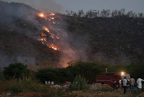 Raging forest fire at Chamundi Hills in Mysuru on Friday